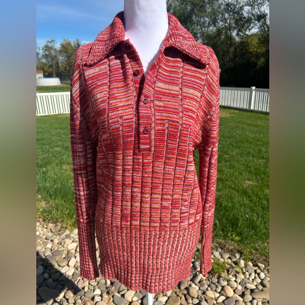 Vintage 70s Knit Red Rust Gold Space Dye Big Collar Henley Button Sweater Top S - Picture 6 of 6